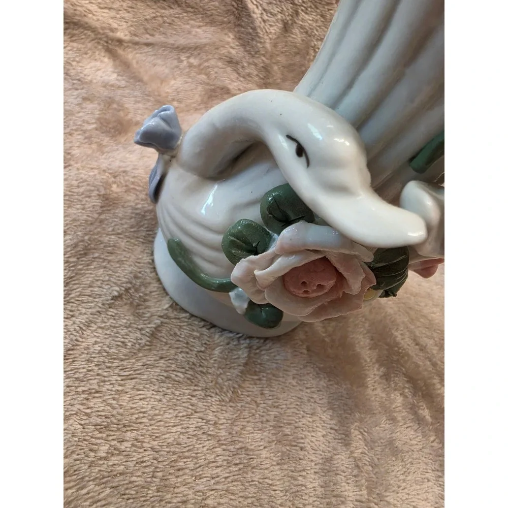 Vintage Porcelain Double Swan Vase with 3D Pink Rose Floral Accents Ceramic